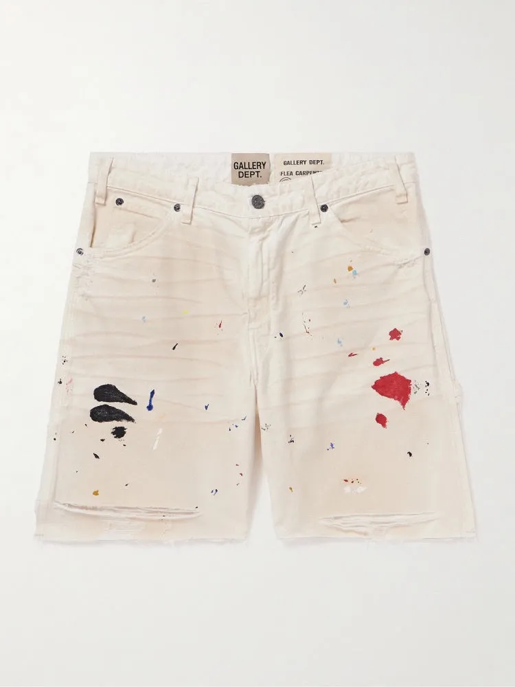 GALLERY DEPT. FLEA CARPENTER SHORTS Ink-cut knife-cut mud-dyed denim shorts. Destroy VINTAGE distressed denim shorts. Distressed white S-XL. Rewashed cement-dyed to make it old. Knife cut holes. Cat whiskers are worn. Customized full set with logo accessories. Purely handmade acrylic splash-ink graffiti.